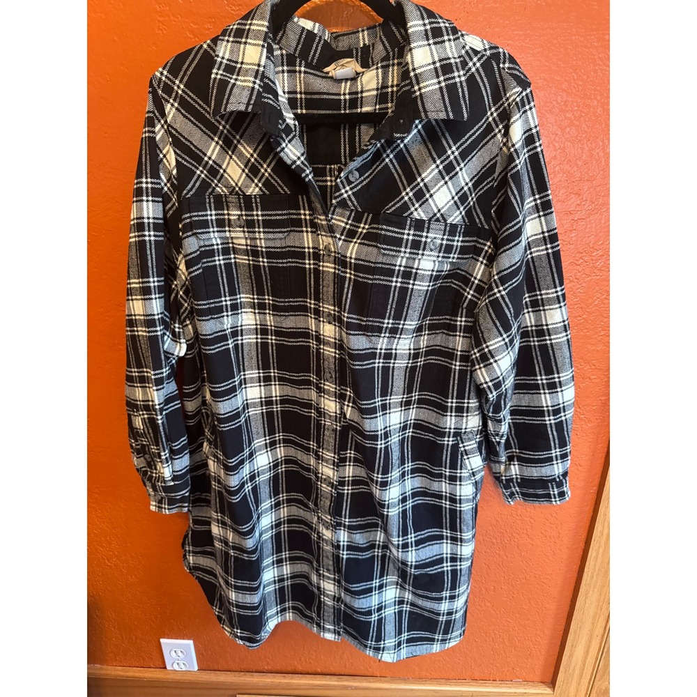 Duluth Trading Co Black White Plaid Flannel Tunic Shirt Button Back Pockets 2X
